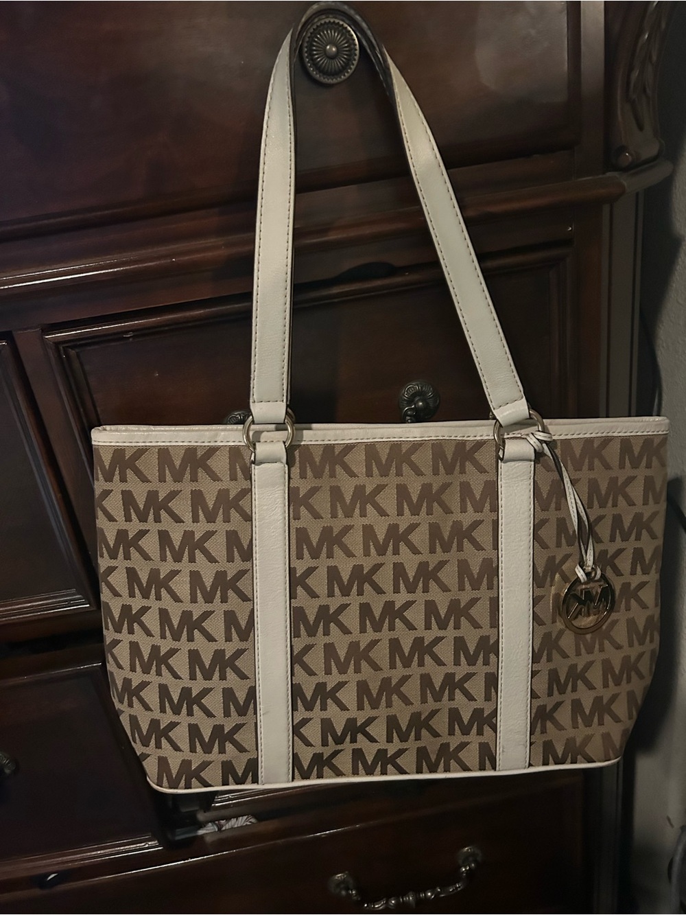 Michael Kors Brown MK Logo Tote with Cream Trim